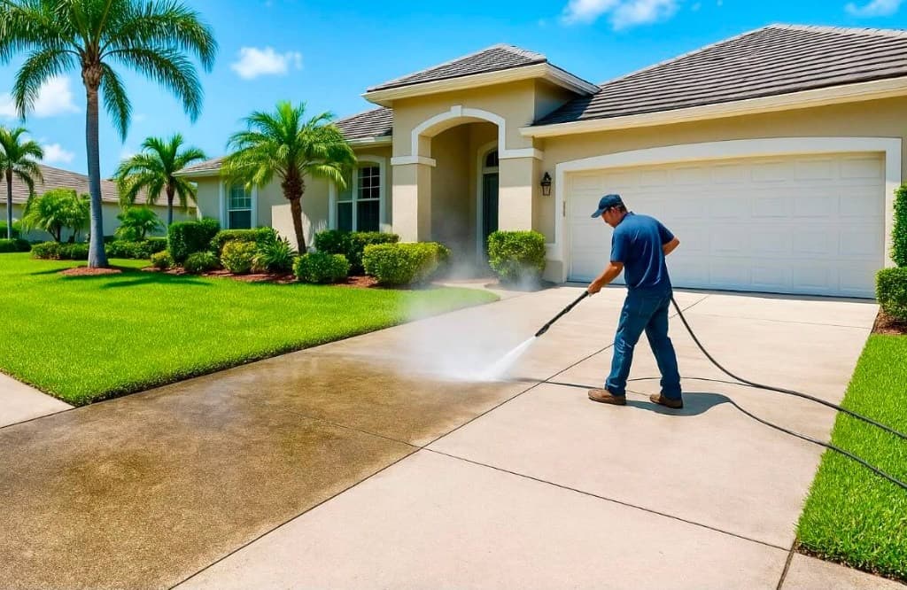 Professional pressure washing a residential driveway with visible before-and-after results